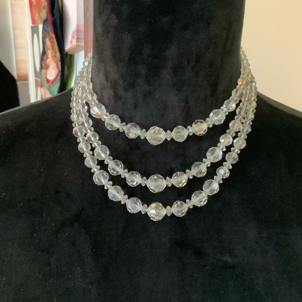 16” 3 Strand 1950s Vintage Austrian Crystal Choker Necklace